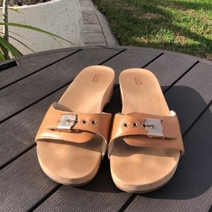 DR. SCHOLLS ORIGINAL COLLECTION WOODEN SANDALS TAN LEATHER SIZE 8 EUC